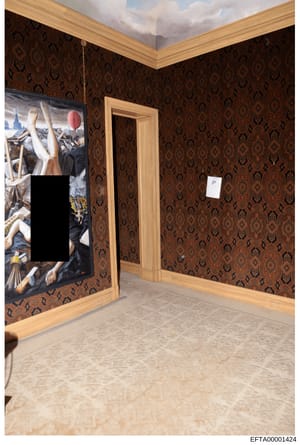 This is a photograph of an interior room, likely from one of Jeffrey Epstein's properties, showing decorative elements including ornate brown patterned wallpaper, wooden trim, a doorway, and a large framed artwork on the left wall. The image appears 