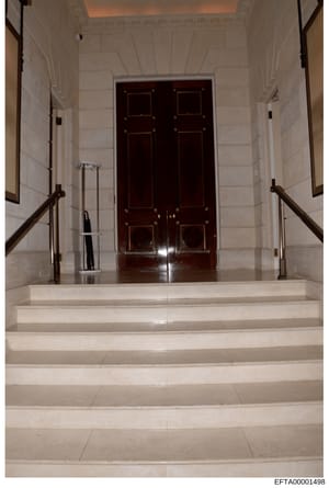 This photograph shows a formal interior hallway featuring a symmetrical staircase leading to imposing double doors. The space displays marble or stone flooring with contrasting bands, white pilaster-detailed walls, decorative metal railings on both s