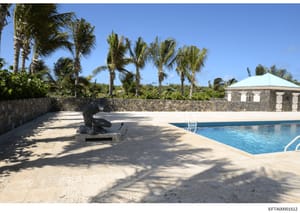 This photograph shows the pool and outdoor patio area of a tropical property, featuring a swimming pool, decorative stone sculpture, stone perimeter walls, palm trees, and a gazebo-style pavilion with a turquoise roof. The image appears to be documen