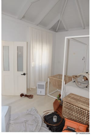 This is a photograph of an interior bedroom space containing a bed with a canopy frame, a wooden crib/bassinet, a dehumidifier, white doors with glass panels, cream-colored curtains, and various storage items including an orange equipment case. The r
