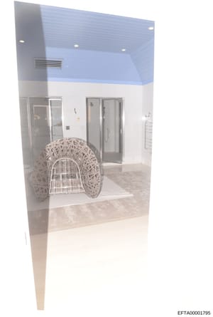 This document is a photograph or architectural rendering of a modern, high-end bathroom space featuring contemporary design elements. The image shows a spacious bathroom with a two-tone color scheme (blue upper walls, white lower walls), recessed lig