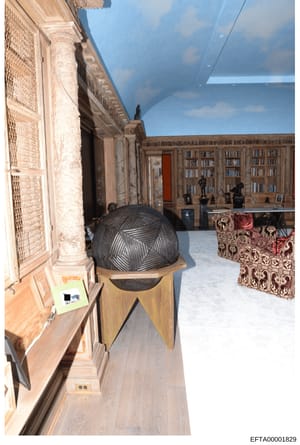This photograph documents the interior of a high-end residential space, showing an ornately decorated room with classical architectural elements including decorative columns, built-in bookshelves, and art objects. The space appears to be part of a la