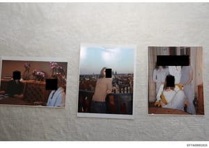 This evidence photo displays three separate photographs arranged on a light-colored surface, all showing individuals with their faces redacted by black censoring blocks. The images depict various settings including an interior room with floral decora