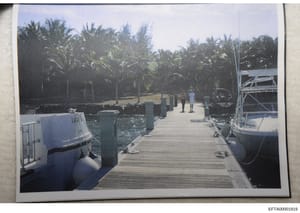 This photograph shows a residential or private waterfront property featuring a wooden dock with multiple moored boats, palm trees, and lush tropical vegetation in the background. The image appears to be documentation of real estate or property associ