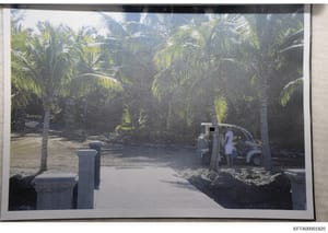 Photograph showing the entrance area of a tropical property, featuring multiple palm trees, concrete pillars, a paved driveway, and a person near a golf cart. The image appears to be part of property documentation or evidence collection related to th