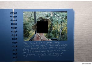 This is a page from a personal photo album containing a photograph with the subject's face redacted. The accompanying handwritten note describes the photo as being taken at a game drive, with commentary about the subject's appearance and a reference 