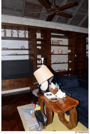 This is an evidence photograph showing the interior of a residential room, likely from one of Epstein's properties. The image captures a contemporary living space with high-end furnishings including a flat-screen TV, custom wooden shelving units disp