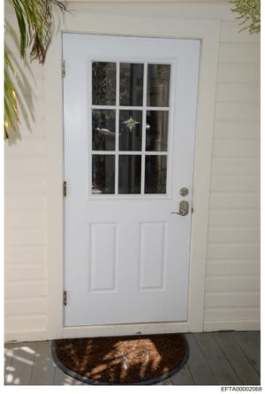 This is a photograph of a white interior door with nine glass panels in the upper half and two raised panels in the lower half. The image shows the door in what appears to be a residential or commercial entryway, with white shiplap wall paneling visi