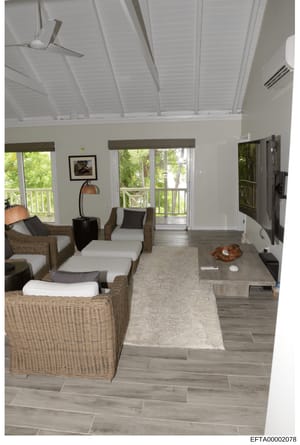 This is a photograph of a bright, contemporary living room space featuring wicker furniture, large windows overlooking trees, and modern amenities. The room appears to be part of a residential property with high ceilings and professional interior des