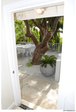 This is an interior/exterior photograph of a luxury property's patio space, showing a white-framed doorway opening onto a tropical setting with mature trees, potted plants, and outdoor dining furniture. The image appears to be evidence documentation 