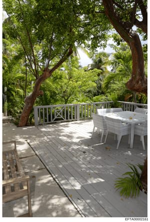 This photograph shows an exterior deck or patio area featuring white wicker furniture, a dining table, and extensive tropical landscaping with mature trees and palm vegetation. The image appears to be documentation of a residential property, likely p