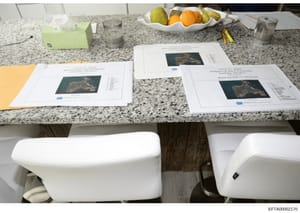 This photograph shows a kitchen counter display featuring three printed architectural or planning documents related to 'Little St. James' projects, including maintenance, workshop, and generator area modifications. The documents contain satellite/aer