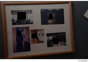This is a photograph of a framed display containing five smaller photographs arranged on a light background within a wooden frame. Multiple faces in the images are redacted with black bars, suggesting this document contains sensitive personal or iden