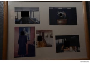 This document displays five photographs arranged on a cream-colored backing board with a wooden frame. Multiple individuals are visible in various settings, but their faces are redacted with black boxes. The settings include what appears to be an int