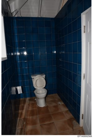 This is an evidence photograph showing the interior of a bathroom, featuring blue tiled walls, a white porcelain toilet, brown tiled flooring, and white-painted doorways. The photograph appears to be part of property documentation in the Epstein inve