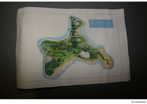 This is a detailed architectural or landscape design map of Little Saint James, labeled 'Garden Concepts,' showing the layout of a private island property with various gardens, structures, and landscape features. The map indicates planned garden area