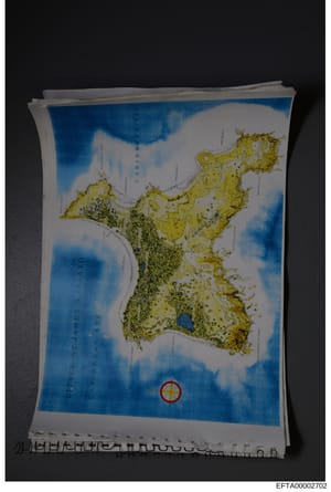This is a physical map document showing The Bahamas and surrounding Caribbean islands with yellow land masses, blue water, and various geographic labels. The map includes what appears to be investigative markings or annotations, including a red circu