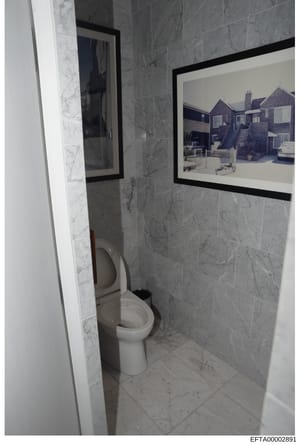 This is a photograph of a bathroom interior, likely from one of Jeffrey Epstein's properties, showing marble tile walls, a white toilet, and a framed black-and-white photograph of a residential building mounted on the wall. The image was collected as