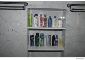 This is a photograph of a bathroom shelf unit displaying an array of personal care products including hair care items, body washes, deodorants, and other hygiene products. The image appears to be evidence documentation from a property search, showing