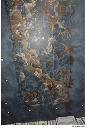 This is a photographic evidence document showing a detailed ceiling fresco featuring classical mythological figures and scenes rendered in gold leaf and pigment on a blue background. The image includes measurement markers (white dots and dotted lines