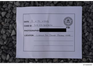 This is an FBI evidence photography documentation card dated August 12, 2019, used to catalog a photograph taken at Little St. James Island, USVI as part of case investigation 31E-NY-3027541. The card serves as an official record of photographic evid