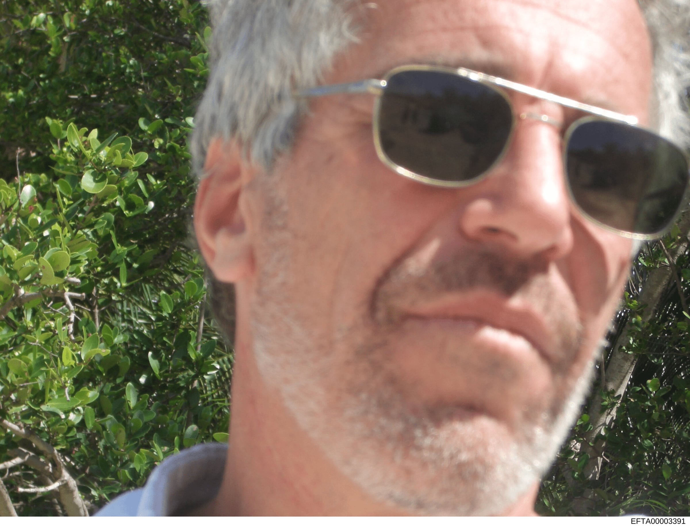 This is a close-up photograph of an older male subject wearing dark-tinted sunglasses and appearing to be outdoors with green foliage visible in the background. The image appears to be a casual or surveillance photograph included in the investigative