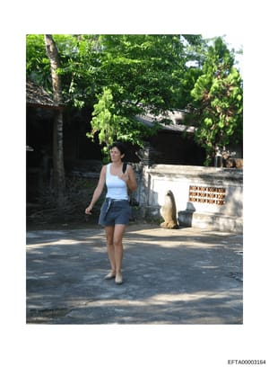 This is a color photograph showing a woman standing in what appears to be a courtyard or residential compound area with Asian-inspired architecture. The image includes stone lion statues and tropical vegetation, suggesting a high-end residential prop
