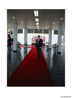 This photograph shows a man in a dark business suit standing on a red carpet in a modern, institutional hallway. The setting features multiple international flags (appearing to include Canadian flags based on the red and white coloring) displayed on 