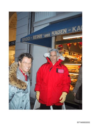 This is an evidence photograph showing two men standing outside a bakery storefront with a blue awning reading 'BROD - REINH · van HAUEN - KAG' (appears to be a European location, possibly German or Dutch-speaking). One man wears a light blue jacket 