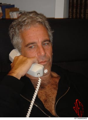 This is a photograph of an adult male with gray hair speaking on a landline telephone. The image appears to be a casual indoor setting with bookshelves visible in the background. The photograph is dated and catalogued as evidence in the Epstein inves