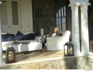 This photograph depicts an upscale interior living room featuring high-end furnishings, classical architectural elements including fluted columns, and a single male occupant seated in a white armchair. The image shows the sophistication and scale of 