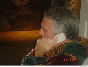 This is a candid photograph showing a middle-aged man in profile, seated on a couch and speaking on a white telephone handset. The photo appears to be taken in an interior residential setting with decorative wall treatment and furnishings visible in 