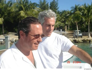 This is a photograph showing two men on a boat in a tropical waterfront setting with palm trees visible in the background. The photo appears to be from the Epstein investigation files and was taken on 26th (date stamp visible as '26 2:59PM'). The ima