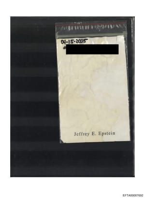 This photograph shows an evidence envelope or packaging containing material labeled as belonging to Jeffrey E. Epstein. The envelope is sealed in clear plastic and bears a case number reference (04-15-2005). A significant portion of the envelope's co